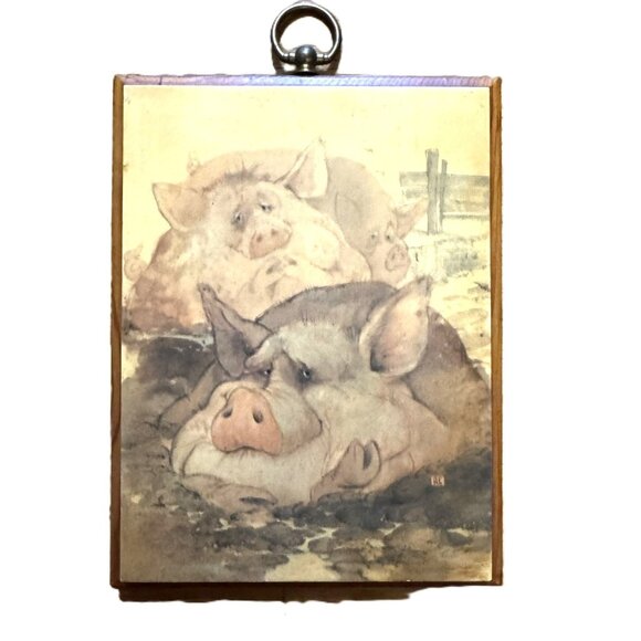 Vintage Other - Vintage Wood-Backed Piggy Art Wall-Hanging, Signed, Brass Wall Hook, 7"x5.5"